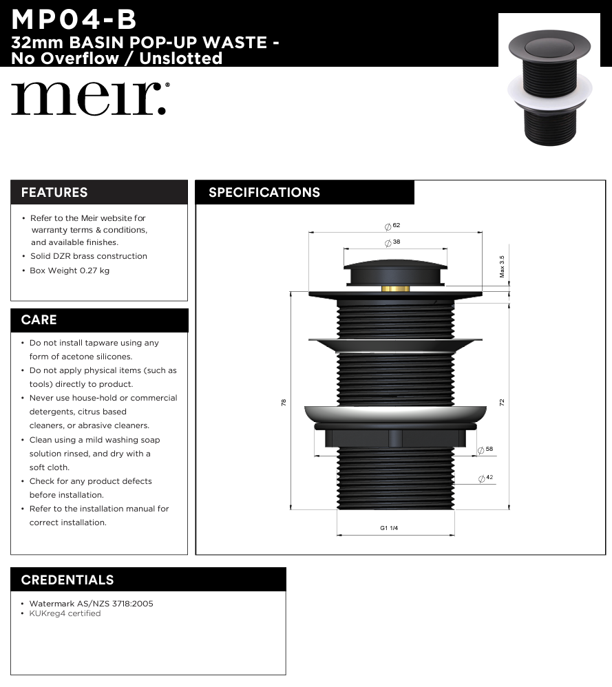Basin Pop Up Waste 32mm - No Overflow / Unslotted