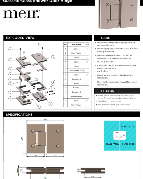 Glass to Glass Shower Door Hinge