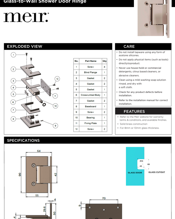 Glass to Wall Shower Door Hinge