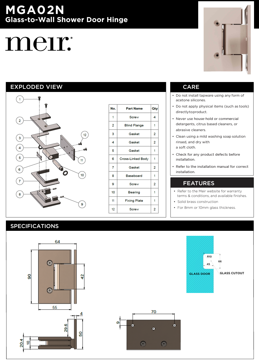 Glass to Wall Shower Door Hinge