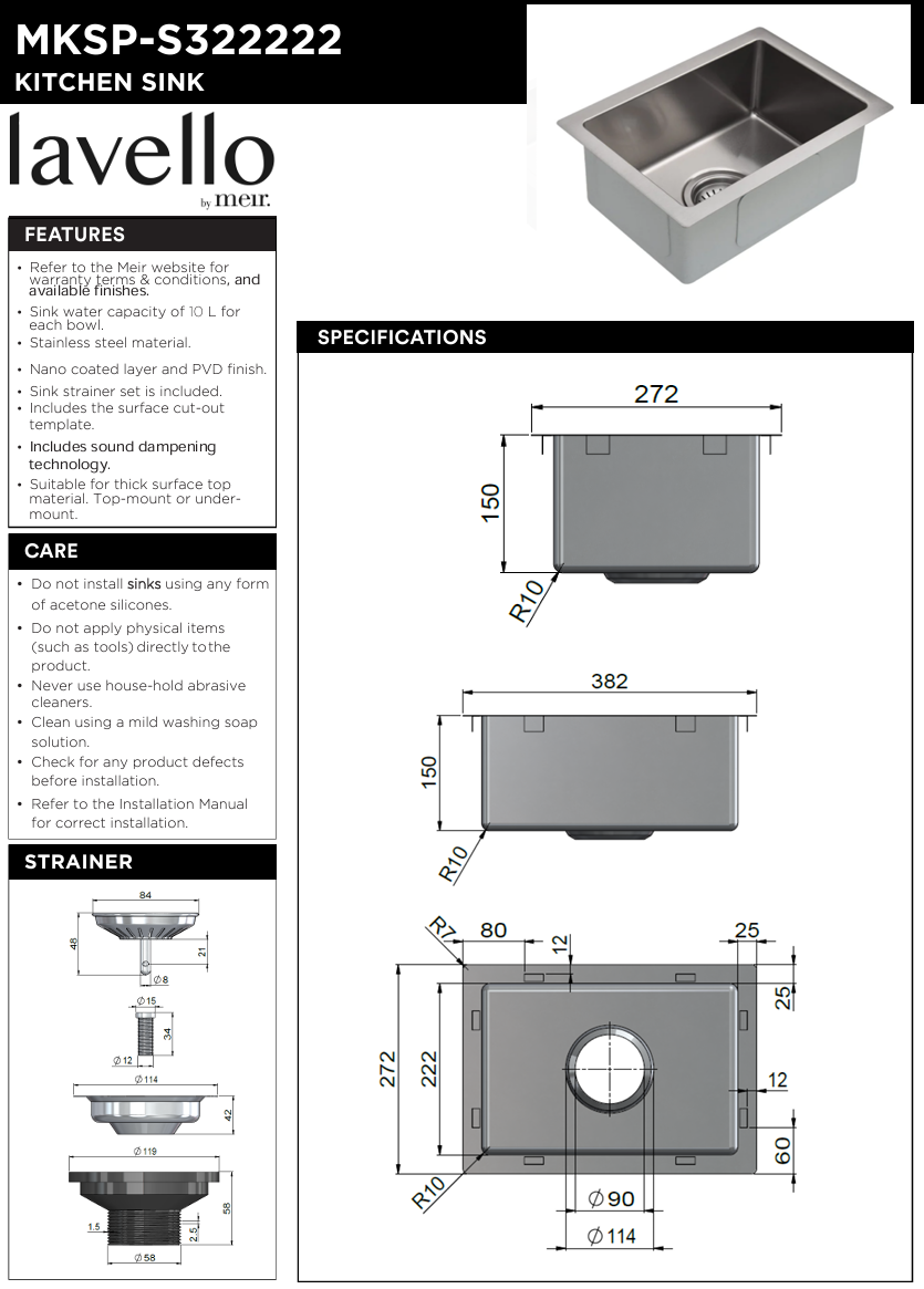 Bar Sink - Single Bowl 382 x 272