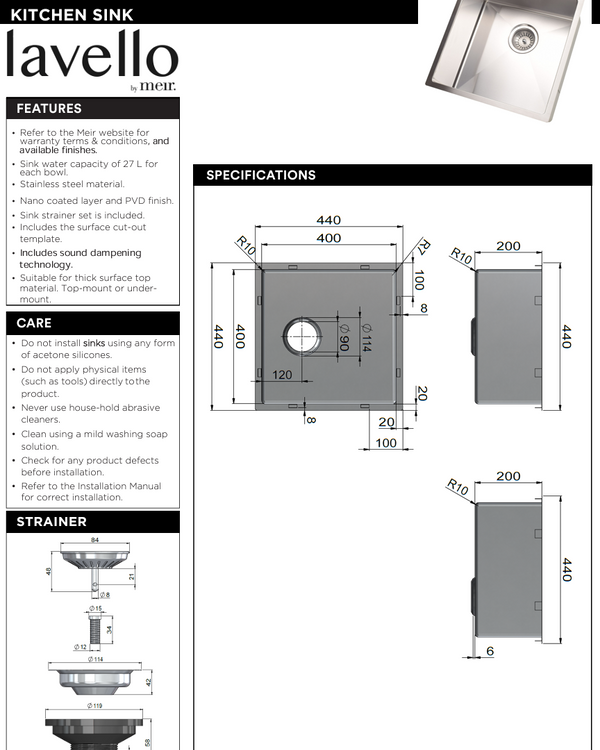 Kitchen Sink - Single Bowl 440 x 440 - SS304