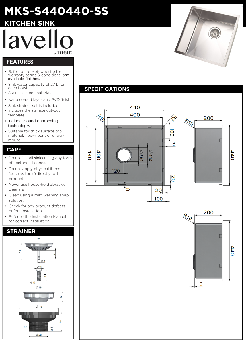 Kitchen Sink - Single Bowl 440 x 440 - SS304