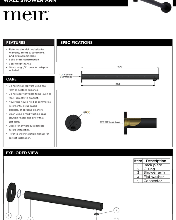 Round Wall Shower Arm 400mm