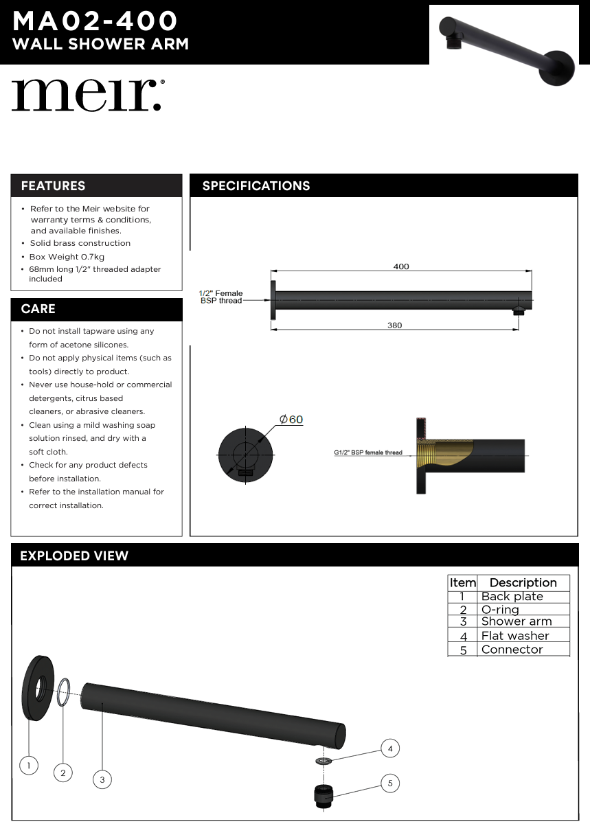 Round Wall Shower Arm 400mm