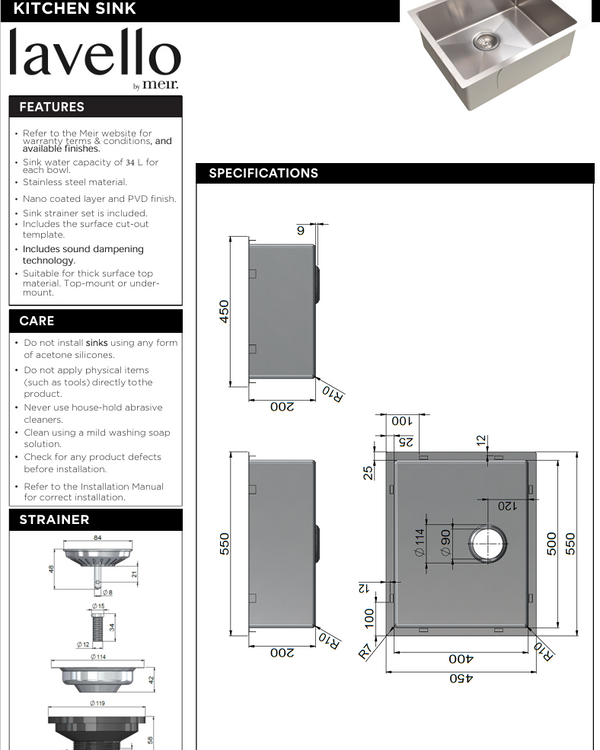 Kitchen Sink - Single Bowl 550 x 450 - SS304
