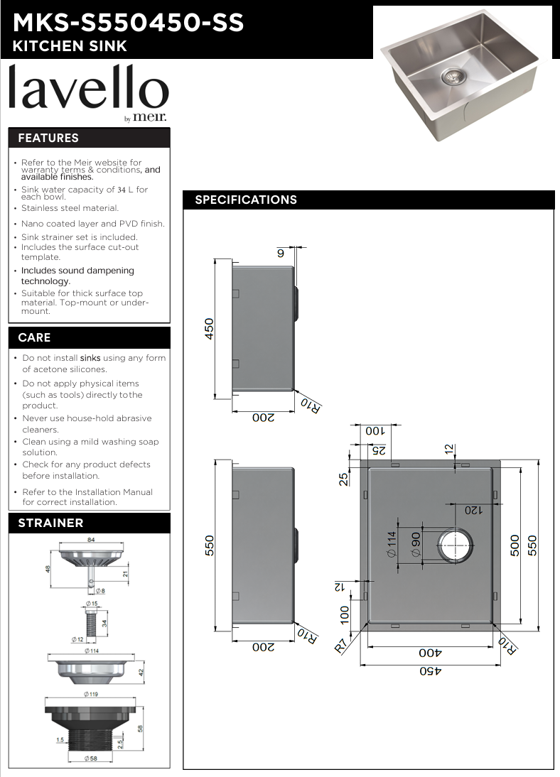 Kitchen Sink - Single Bowl 550 x 450 - SS304