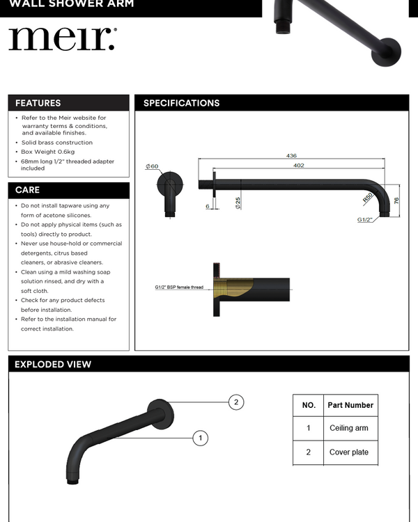 Round Wall Shower Curved Arm 400mm