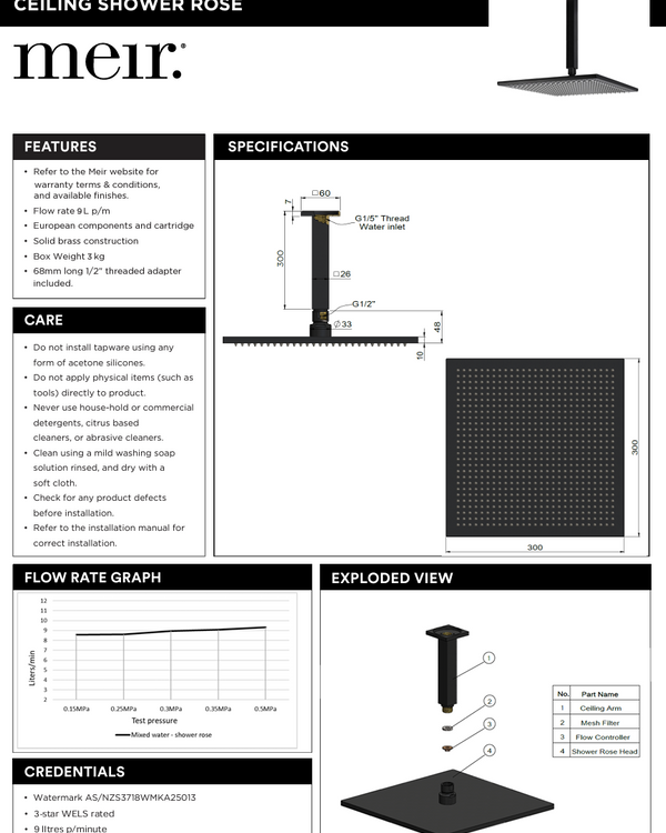 Square Ceiling Shower 300mm rose, 200mm dropper