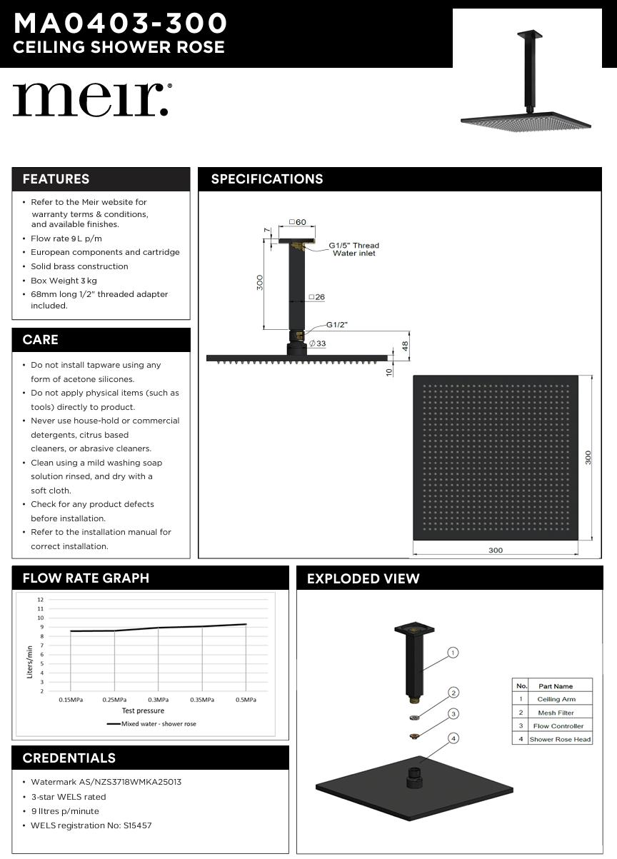 Square Ceiling Shower 300mm rose, 200mm dropper