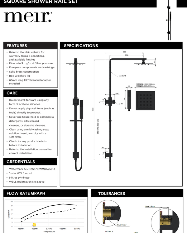 Square Combination Shower Rail 300mm rose