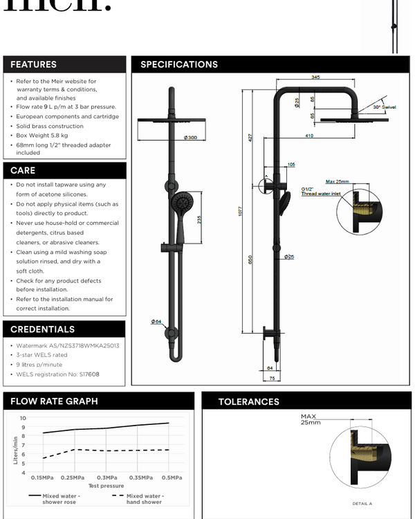 Round Combination Shower Rail 300mm Rose, Three Function Hand Shower