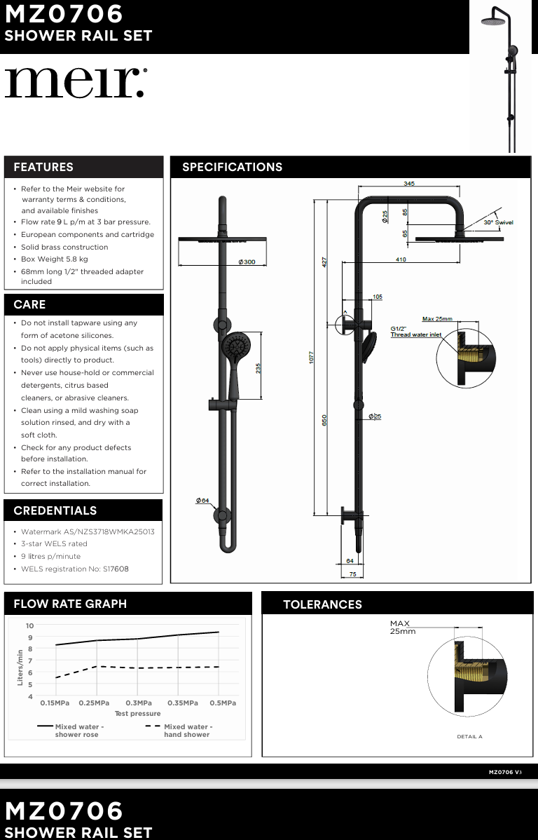 Round Combination Shower Rail 300mm Rose, Three Function Hand Shower