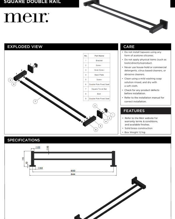 Square Double Towel Rail 600mm