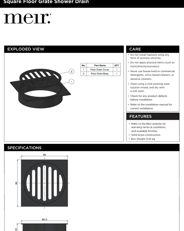 Square Floor Grate Shower Drain 80mm outlet