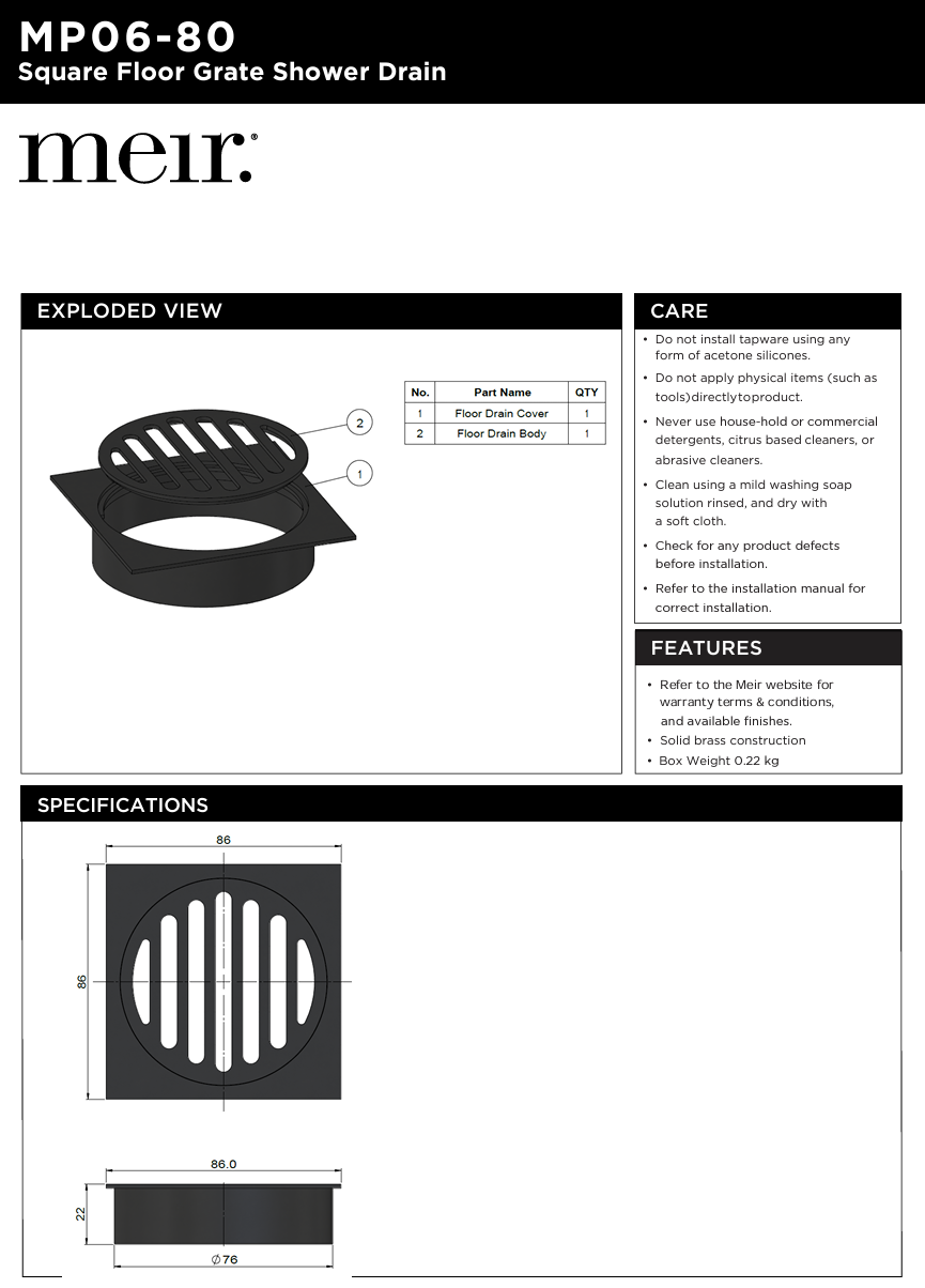 Square Floor Grate Shower Drain 80mm outlet