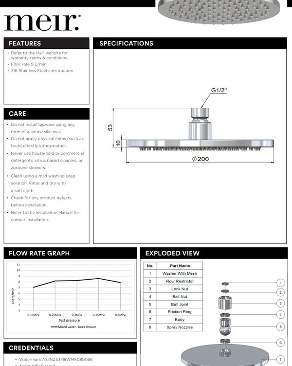 Outdoor Round Shower Rose 200mm - SS316