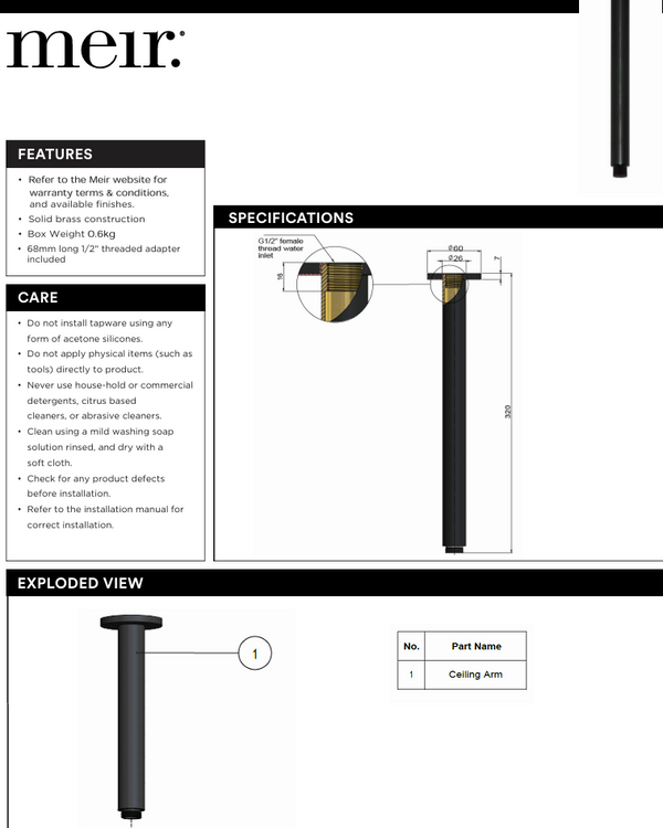 Round Ceiling Shower Arm 300mm