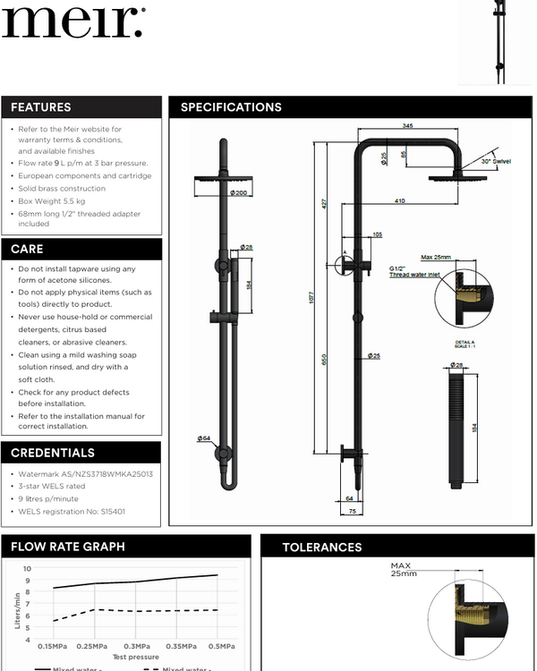 Round Combination Shower Rail 200mm Rose, Three Function Hand Shower