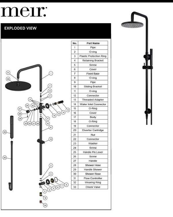 Round Combination Shower Rail 300mm Rose, Single Function Hand Shower