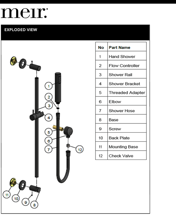 Round Hand Shower on Rail Column, Single Function Hand Shower