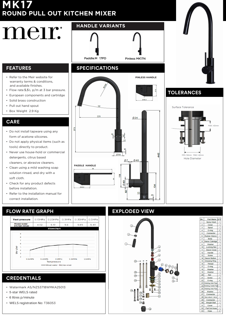 Round Piccola Pull Out Kitchen Mixer Tap - Paddle Handle