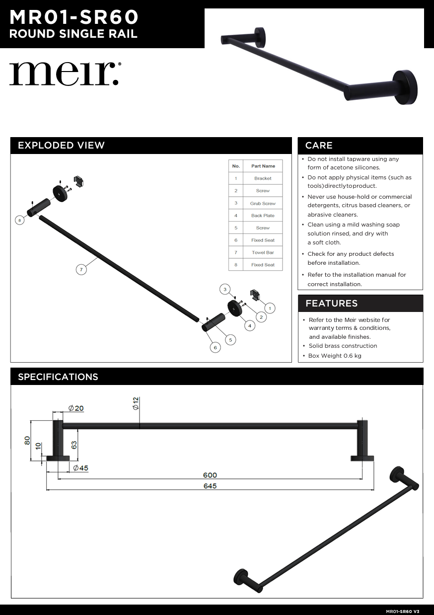 Round Single Towel Rail 600mm