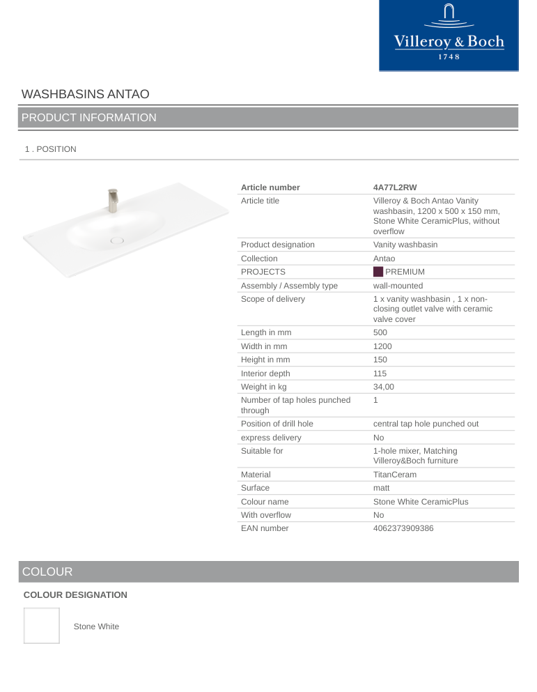 Antao 1200 Vanity Basin 1TH C+ Stone White NO OF