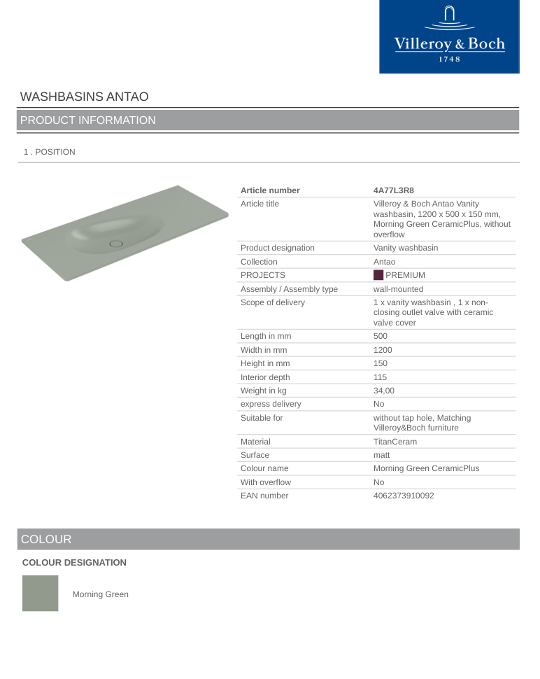 Antao 1200 Vanity Basin NO TH C+ Morning Green NO OF