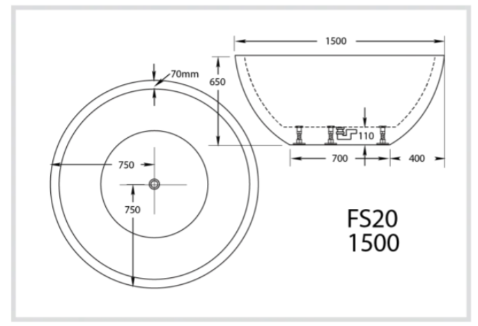 Broadway Round FS20 Freestanding Bath Gloss White 1500mm