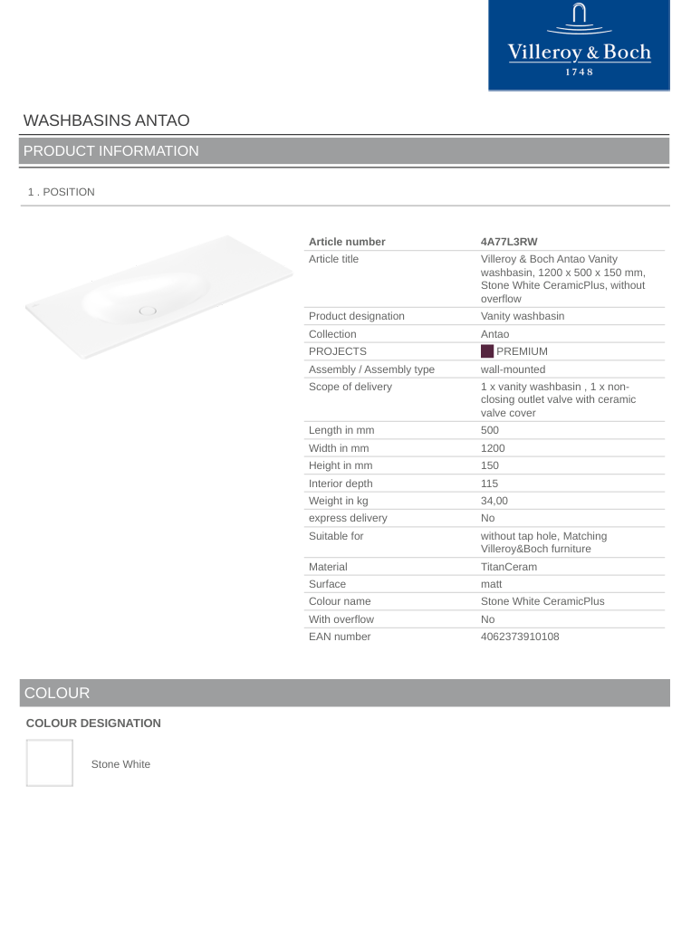 Antao 1200 Vanity Basin NO TH C+ Stone White NO OF