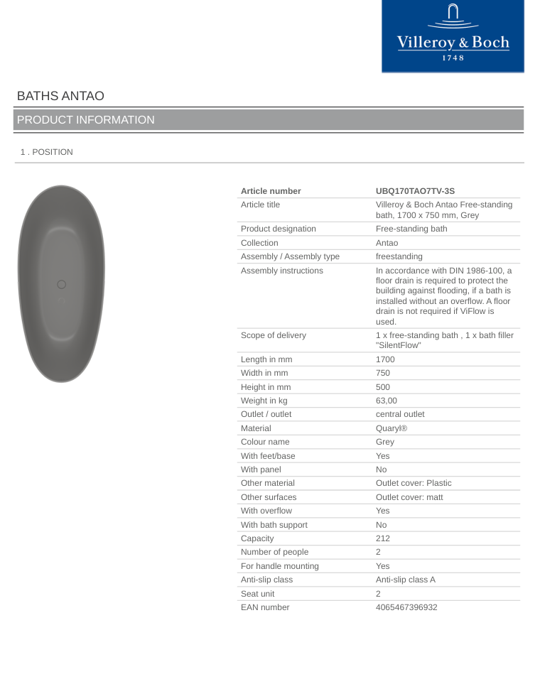 Antao 1700x750 Grey Free-standing Bath