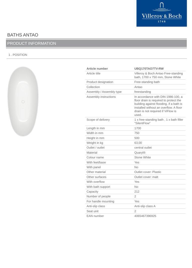 Antao 1700x750 Stone White Free-standing Bath