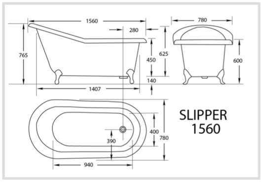 Slipper Tub 1540mm Acrylic Claw Foot Baths