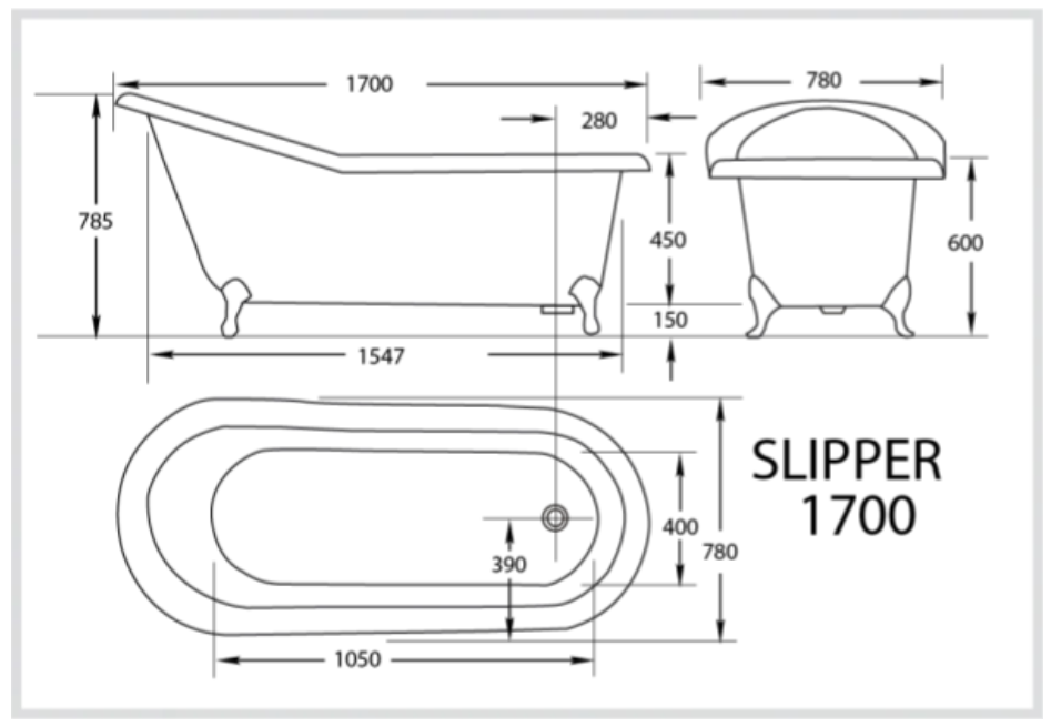 Slipper Tub 1760mm Acrylic Claw Foot Baths
