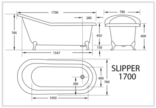 Slipper Tub 1760mm Acrylic Claw Foot Baths