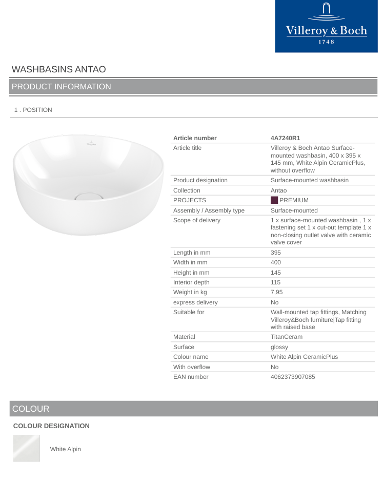 Antao 400 Vessel Basin C+ White NO OF