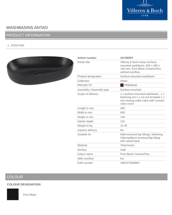 Antao 650 Vessel Basin C+ Pure Black NO OF