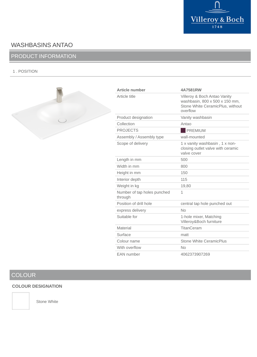 Antao 800 Vanity Basin 1 TH C+ Stone White NO OF