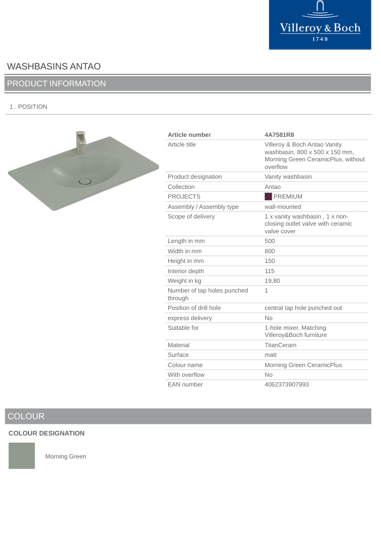 Antao 800 Vanity Basin 1TH C+ Morning Green NO OF