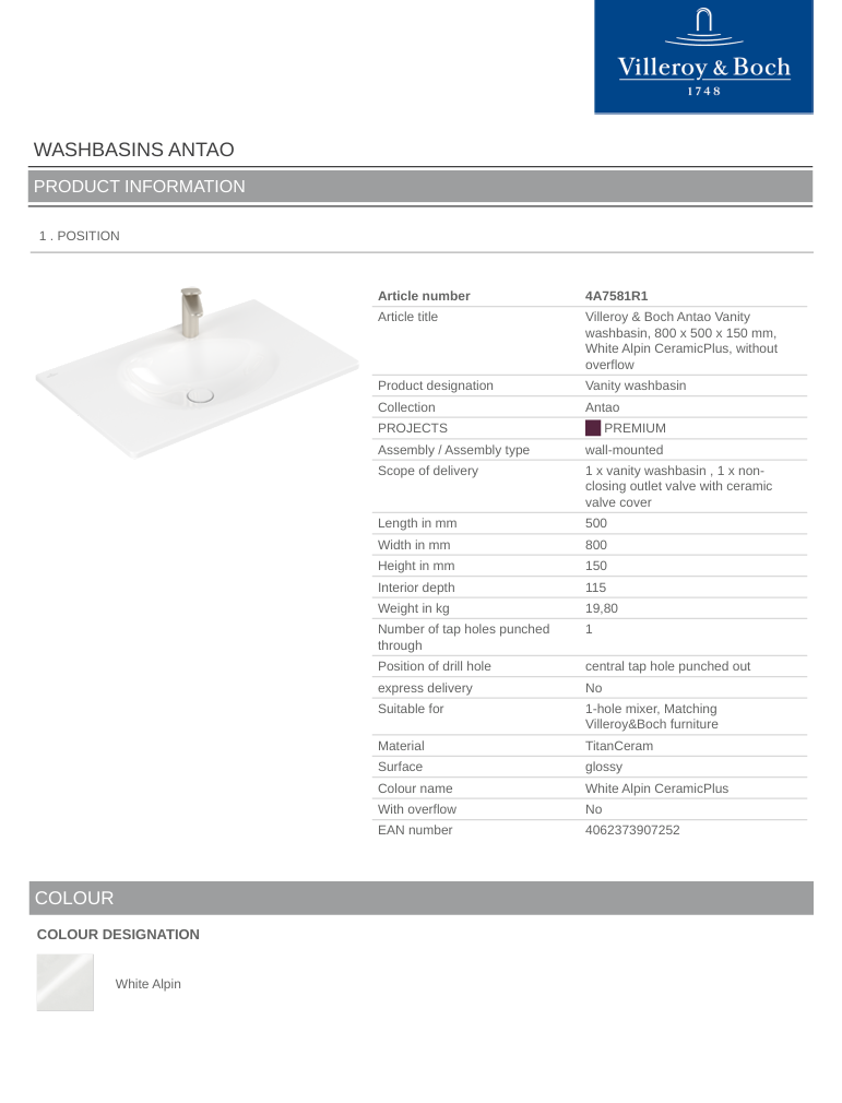 Antao 800 Vanity Basin 1TH C+ White NO OF