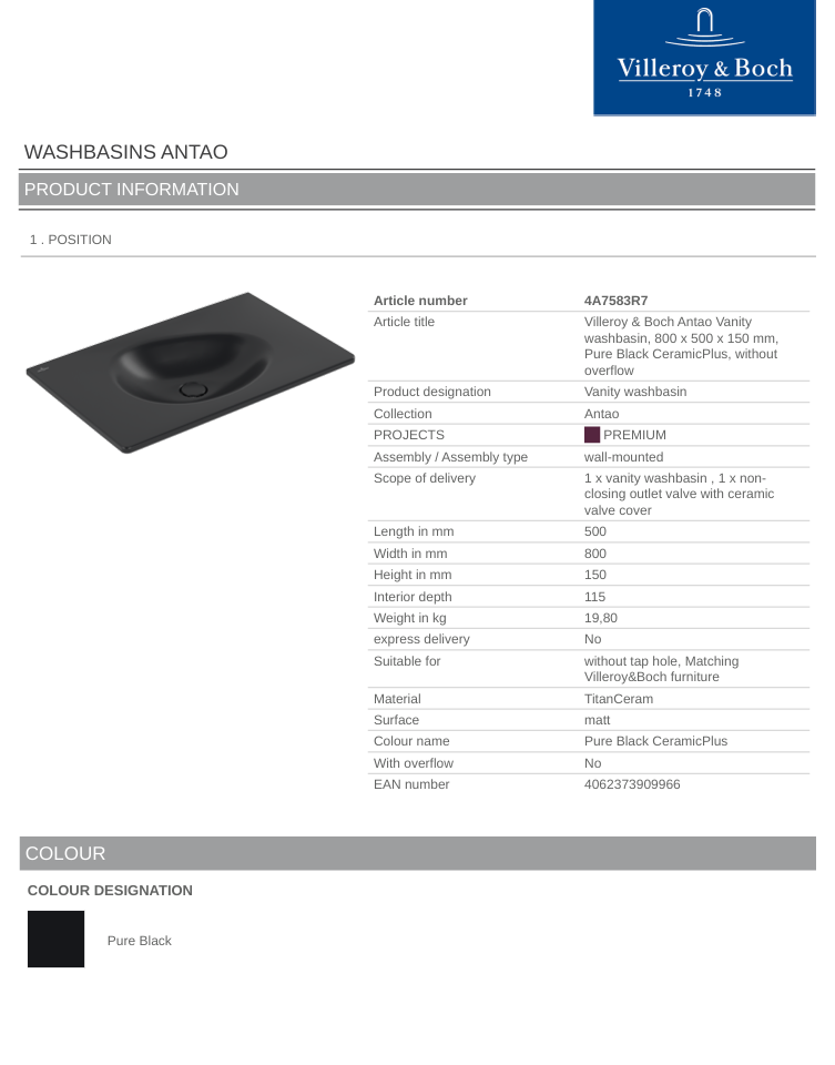 Antao 800 Vanity Basin NO TH C+ Pure Black NO OF