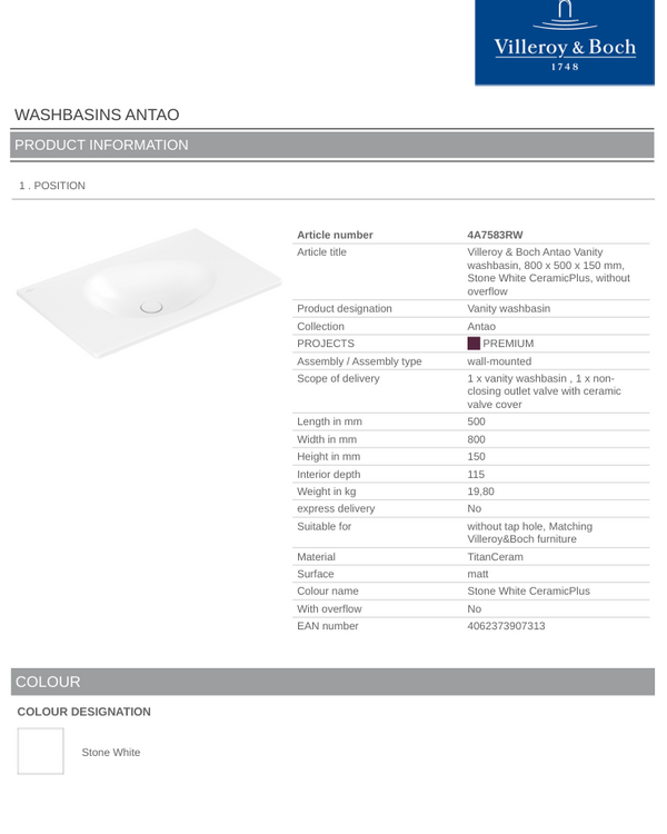 Antao 800 Vanity Basin NO TH C+ Stone White NO OF