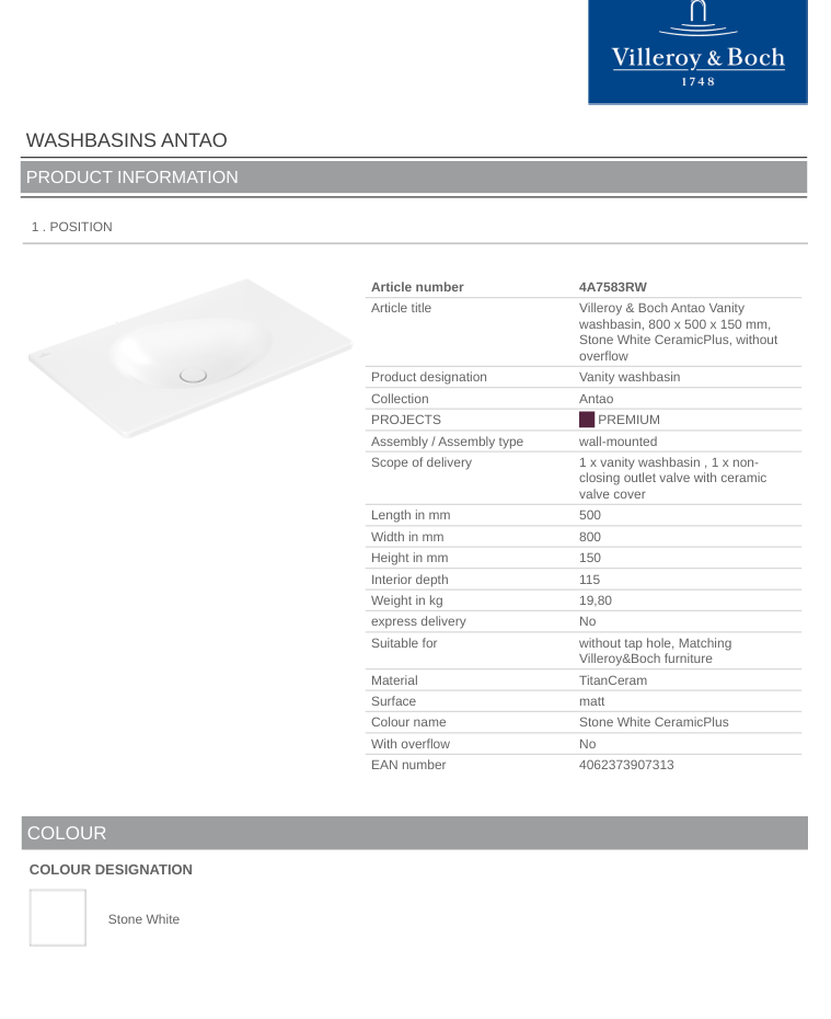 Antao 800 Vanity Basin NO TH C+ Stone White NO OF