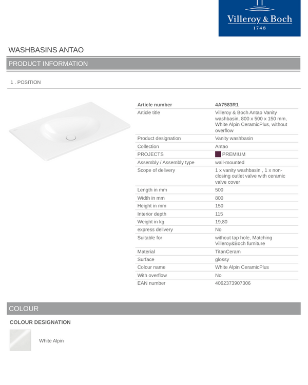 Antao 800 Vanity Basin NO TH NO OF C+ Wh