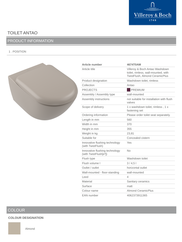 Antao TF Wall Hung Toilet C+ Almond