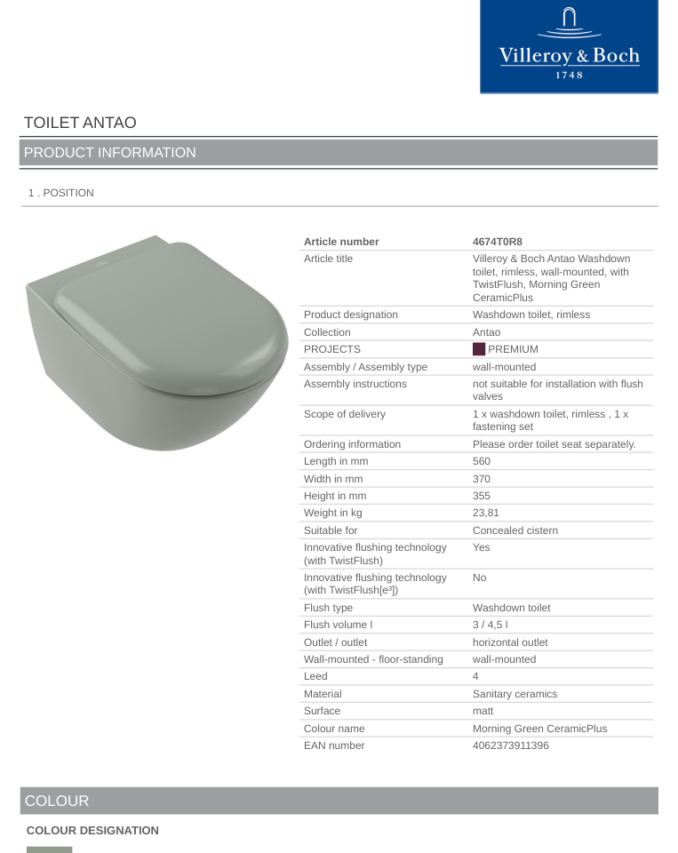 Antao TF Wall Hung Toilet C+ Morning Green