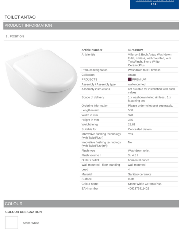 Antao TF Wall Hung Toilet C+ Stone White