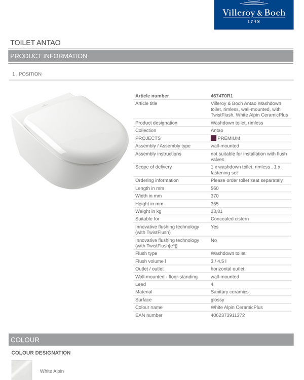 Antao TF Wall Hung Toilet C+ White