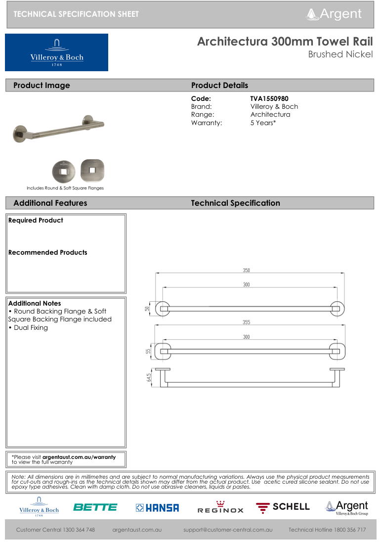 Architectura 300mm Towel Rail Brushed Nickel